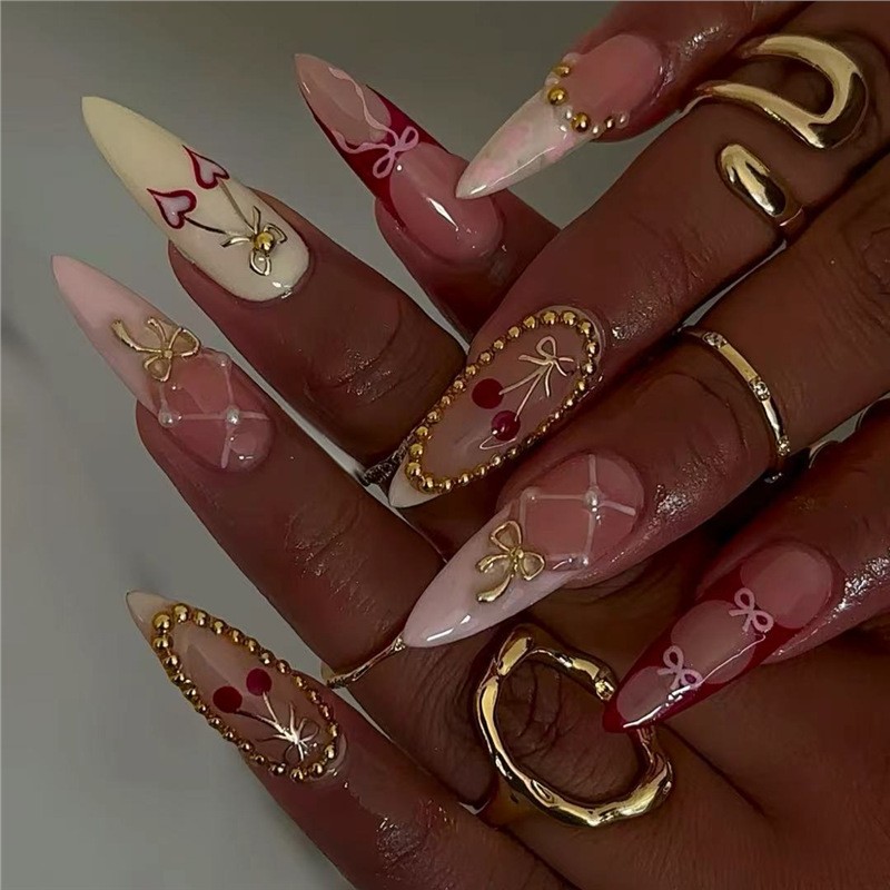 Sweet Cool Cherry Plaid Bow Press On Nails