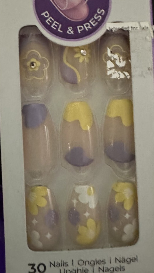 Kiss Medium Flowers Yellow White Purple Gloss jeweled Coffin manicure press on