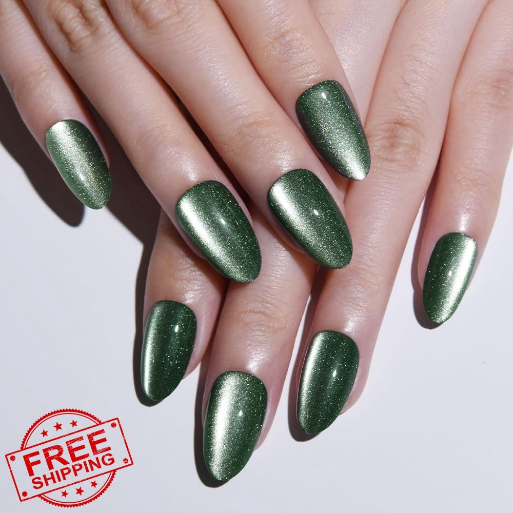 evpct Short Almond Green Cat Eye Press on Nails 32Pcs