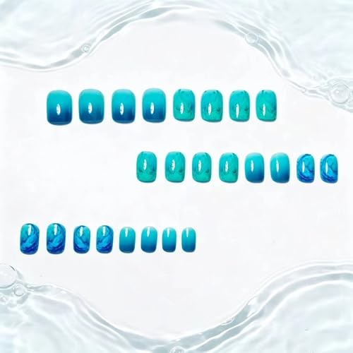 Blue Teal Gradient Press on Nails Short Square Fake Nails Ocean Wave Square-03