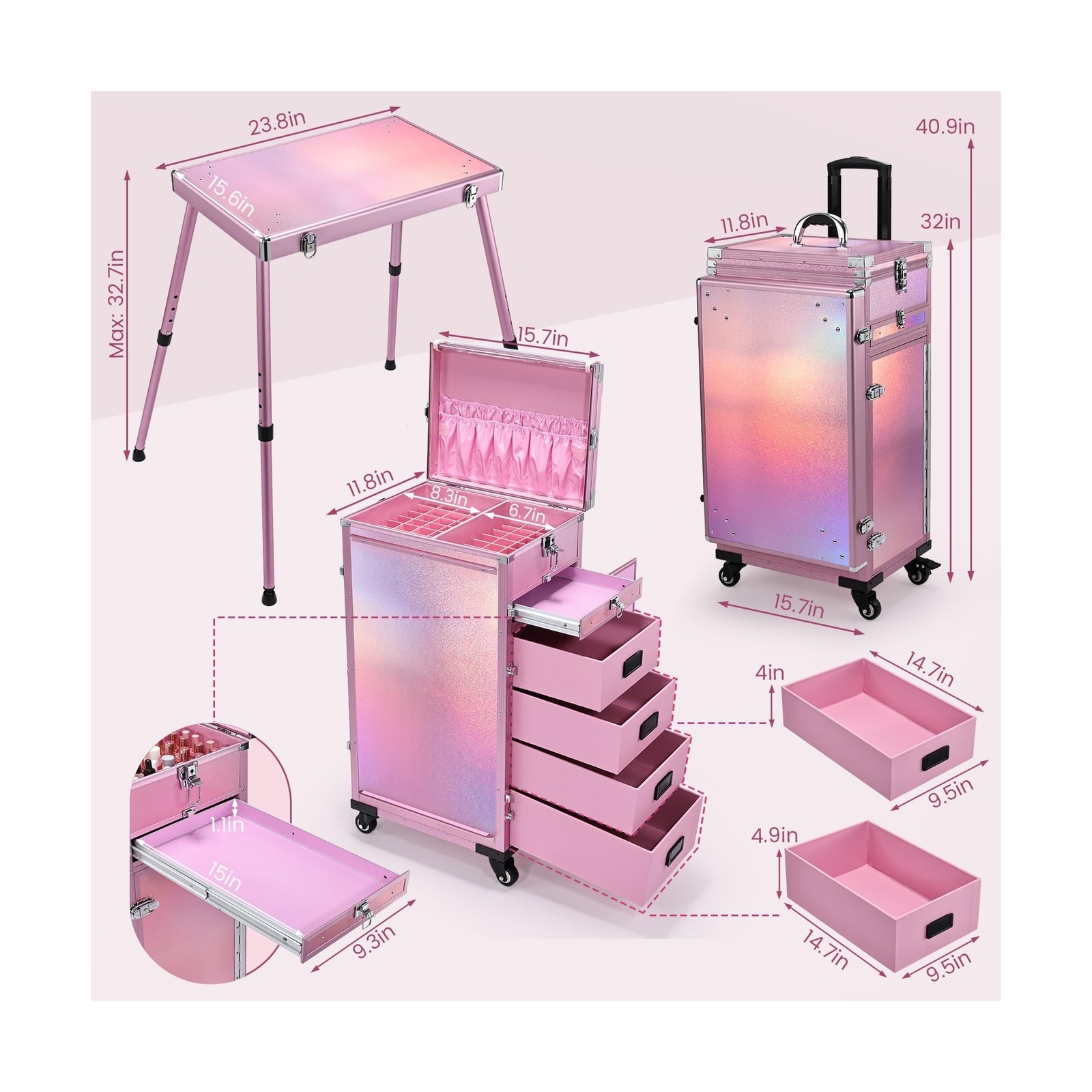 Joligrace Rolling Manicure Table 5 Drawers Foldable Nail Desk Cosmetology Cas…