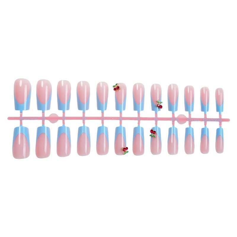 24Pcs Summer Press on Nails Medium Square Fake Nails with 3D Gold Alloy Cherr…