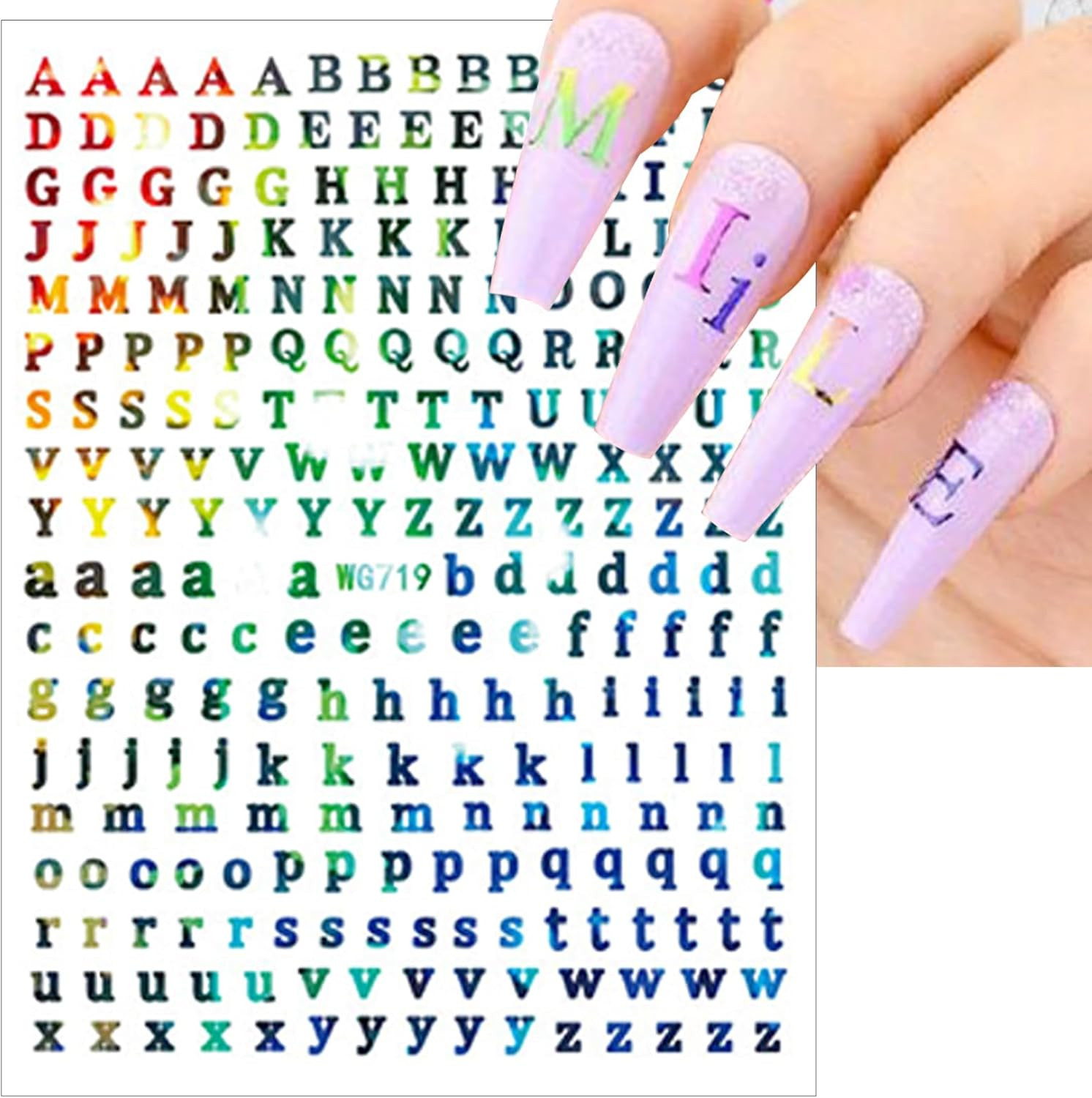8Sheets Letter Nail Art Stickers 3D Self-Adhesive Laser Alphabet Nail Stickers