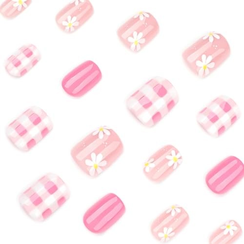 Flower Press on Nails – Spring Short Square Fake Nails with Daisy Gingham Pink