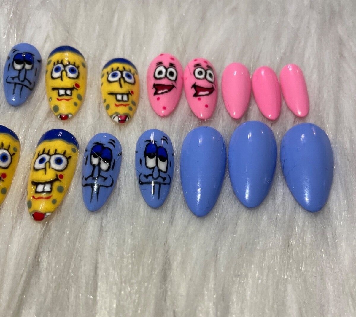 Custom press on nails SpongeBob almond 24 Patrick Squidward pink blue yellow