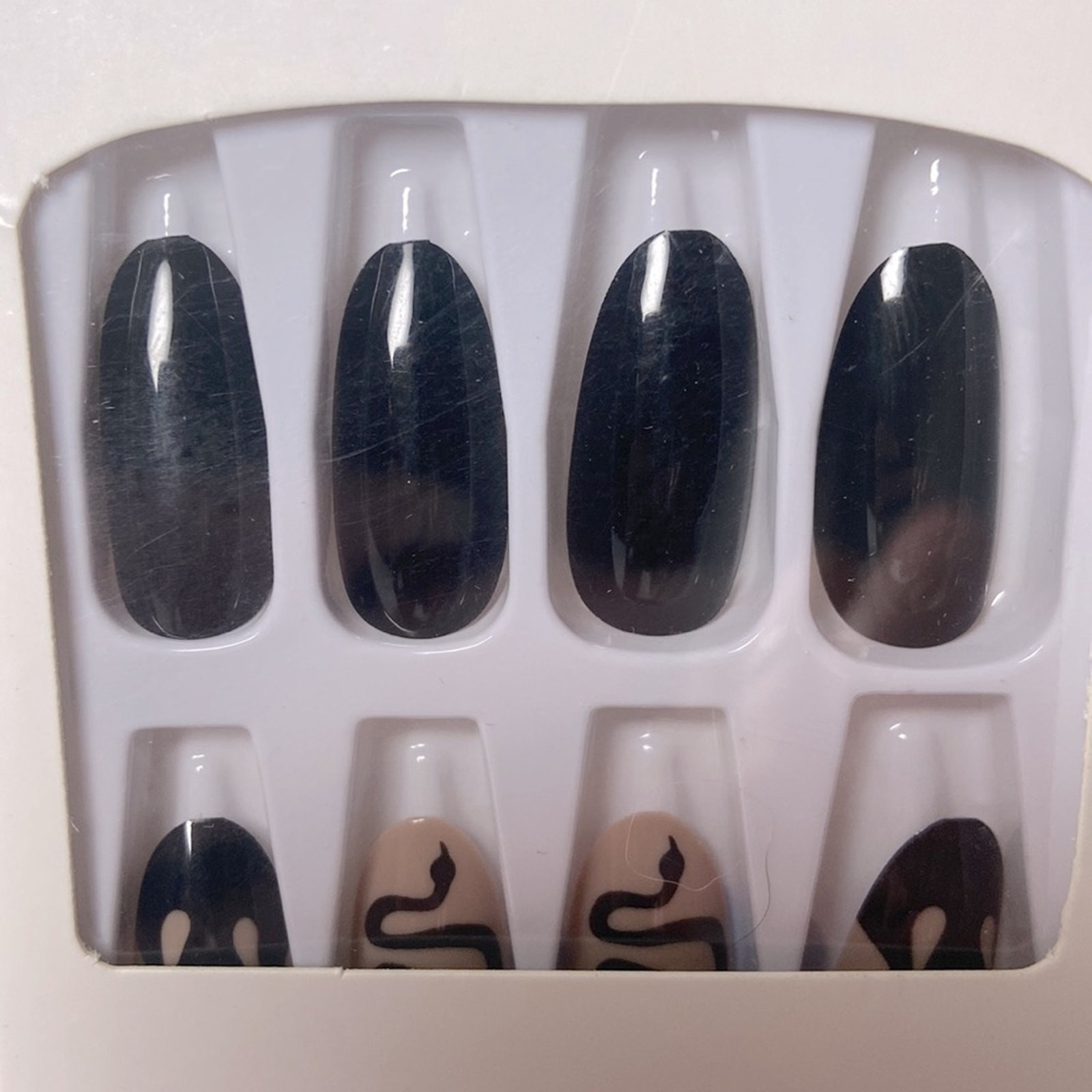 Black Beige Oval Press On Nails 25 Pc Set Medium Length Snake Flame Design +Glue