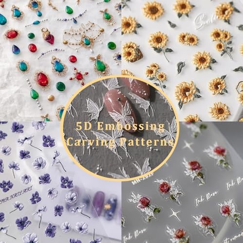 Flower Nail Stickers 5D Embossed Nail Art Stickers Decals Self 1 Pink Tulips