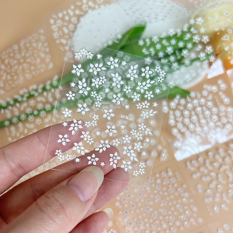 30 Sheets White Flower Nail Art Stickers with Rhinestones 3D Self Adhesive Desig