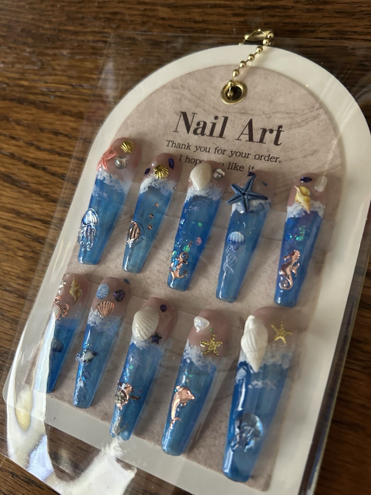 Z NAILZ! Handmade XL Coffin 3D Shiny Beach Themed Press In Nails