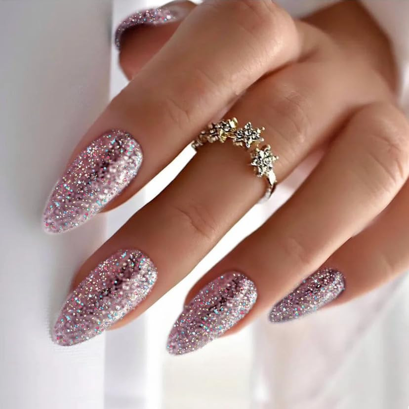 Nude Press on Nails Short Almond Fake Nails Glossy Ombre Press Ons with Designs