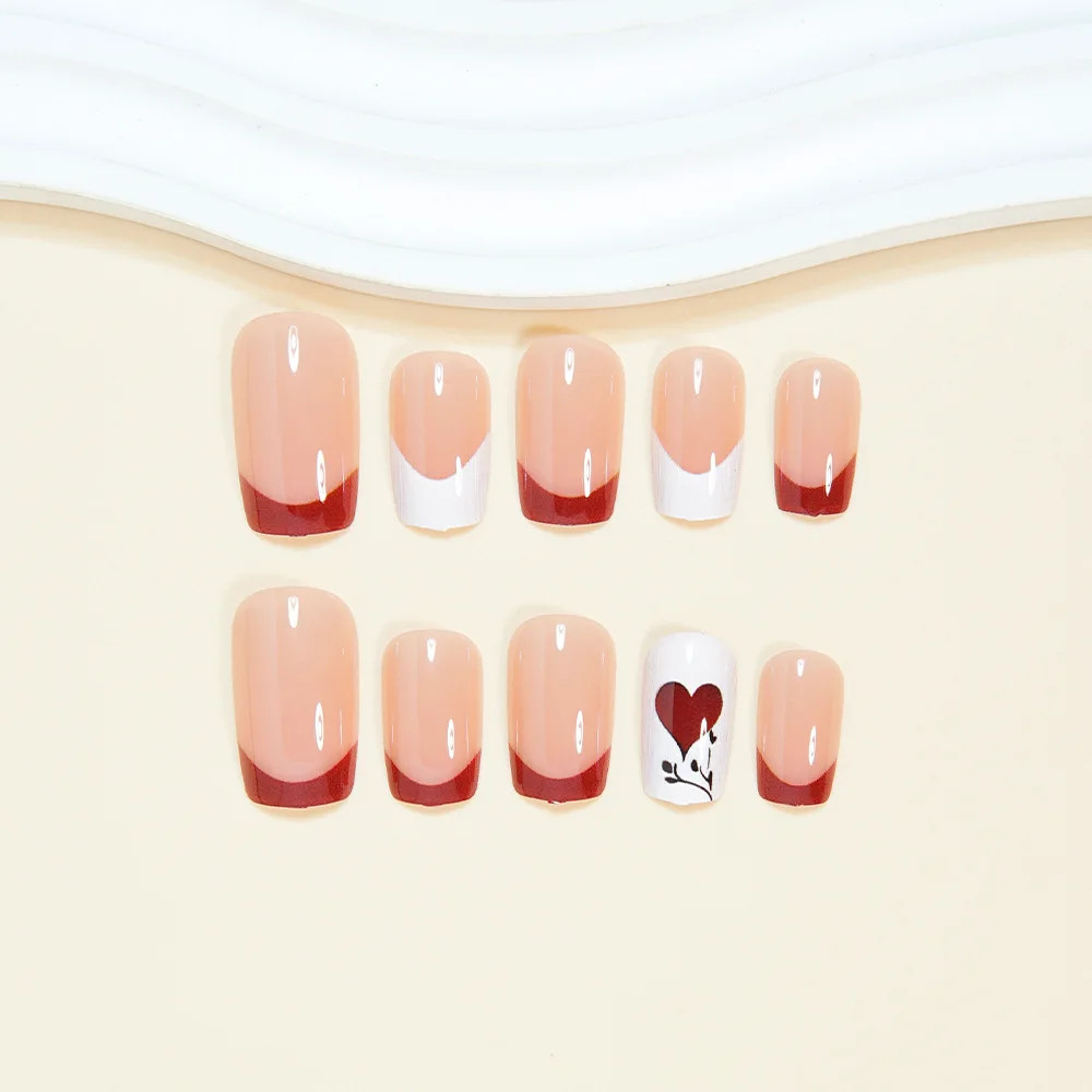 24pcs Valentine’s Day Press On Nails Gradient Red Black Cute Heart Rose French