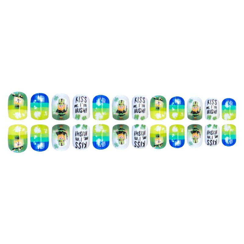 48 Pieces of Short Square Gradient Yellow Green Cartoon Clover Fake Nail Art