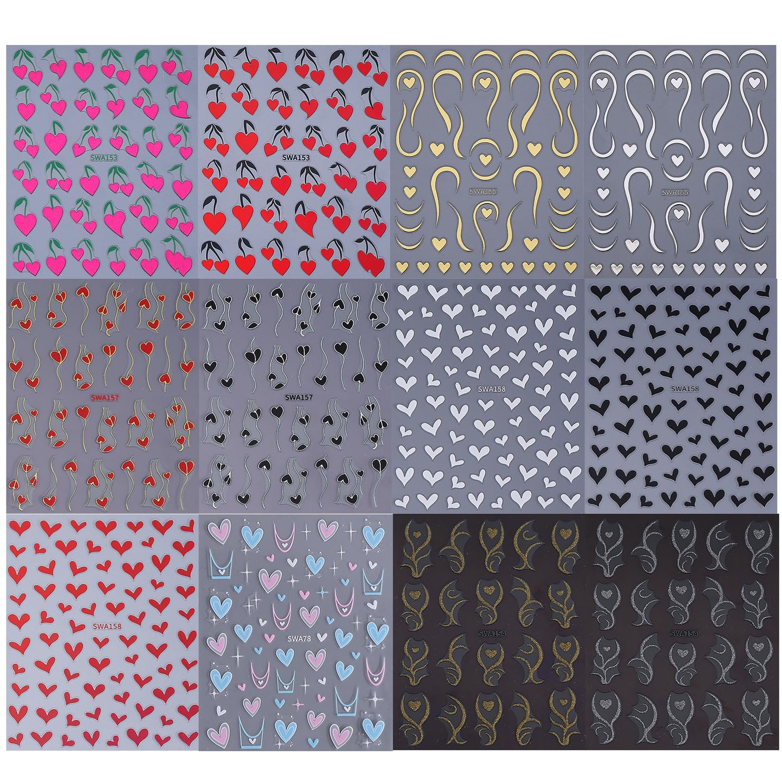 Heart Nail Art Stickers Decals 12PCS Sparkling Love Heart Vine Nail Decals 3D…