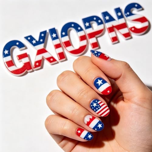 4th of July Press on Nails Short ALmond Checkered Bow Star Polka Dots Designs