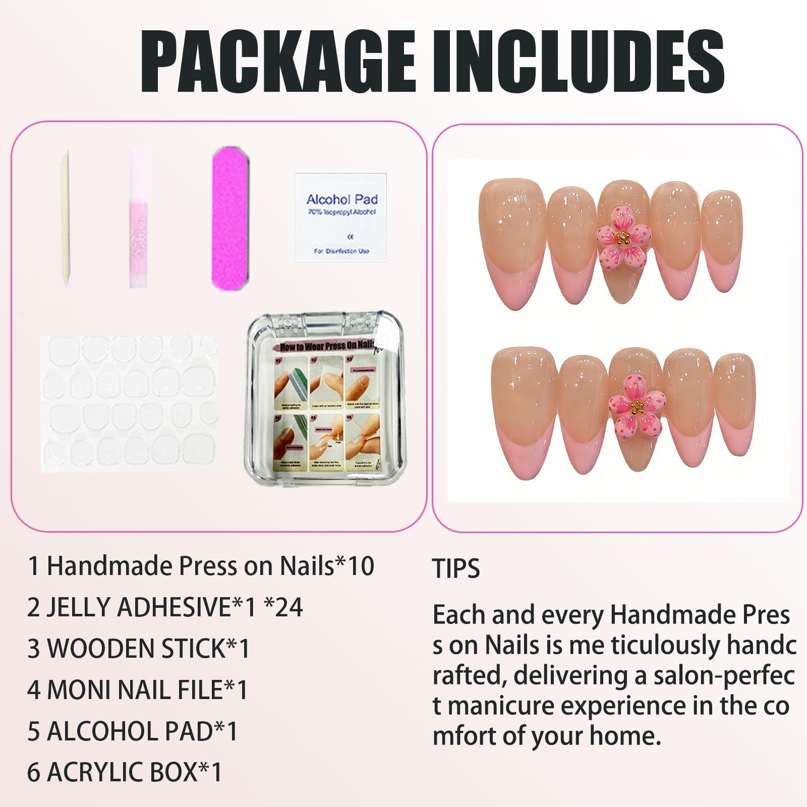 3D Almond Pink Press On Nails with Peach Blossom Design – Reusable Acrylic False
