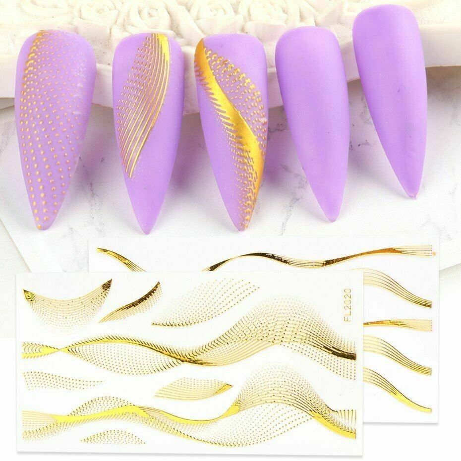 3D Gold Nail Stickers French Design Stripe Lines Geometry Nail Decals FL2020 NH9