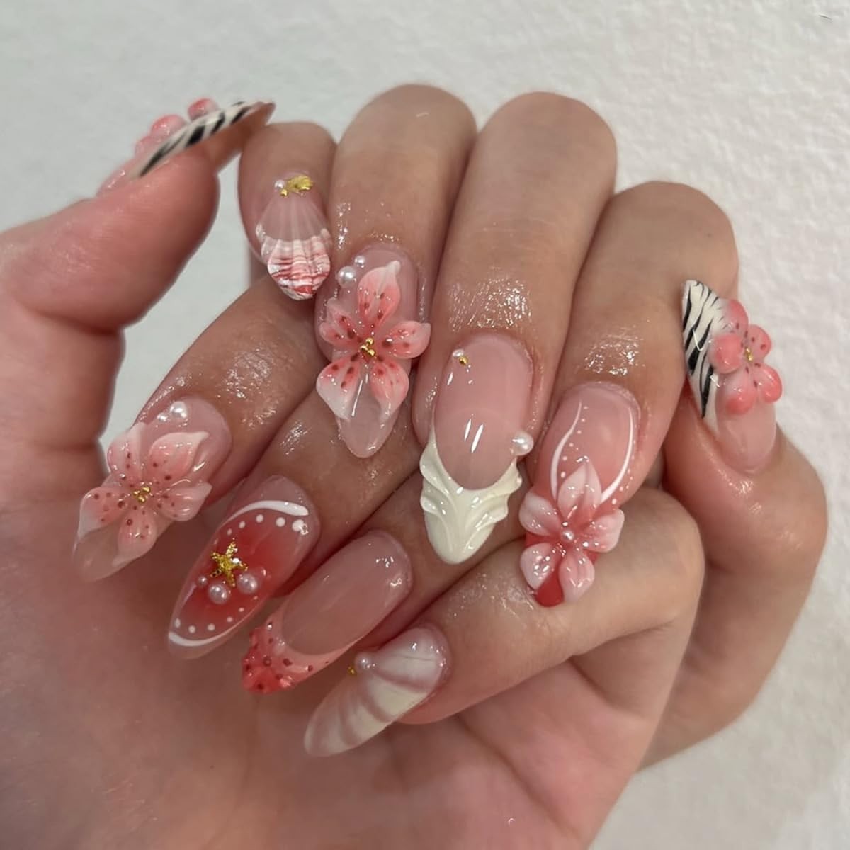 Chic 3D Flower French Tip Press-On Nails – 24 Reusable Almond Nails