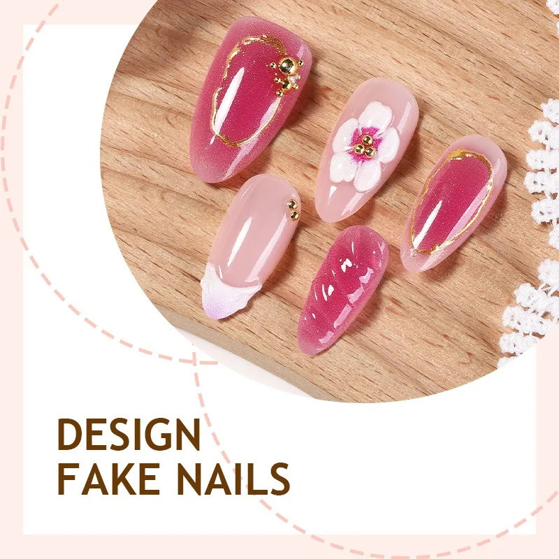 30pcs French Press on Nails:3D Flower Pearl Bow Almond Fake Nails
