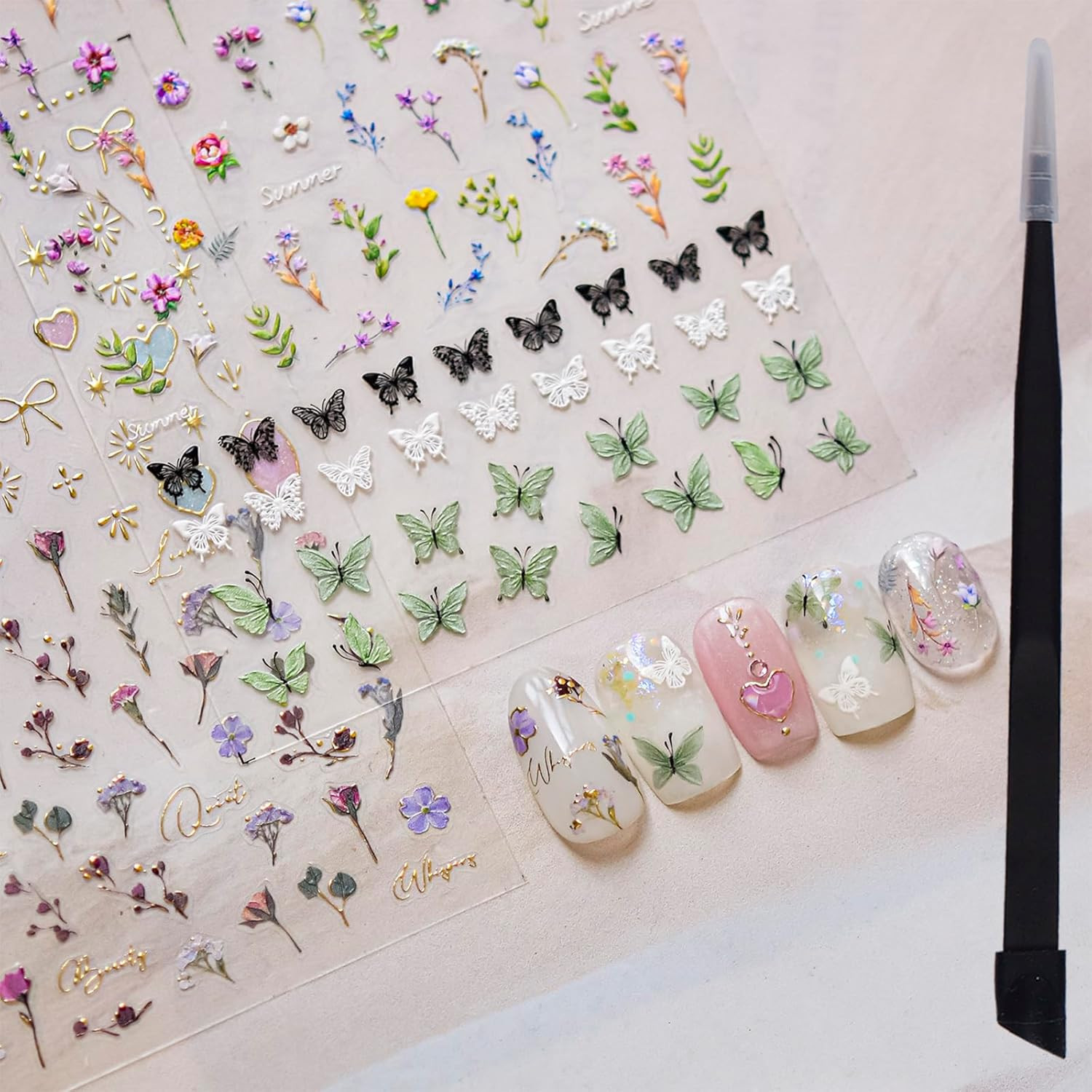 Flower Nail Stickers for Nail Art Decals Charms,5D Embossed Floral Butterfly and