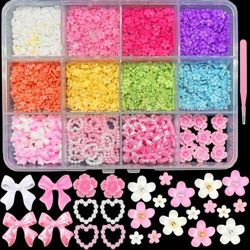 3D Flower Nail Charms Bulk Pink and White 3D Flowers and Bows Nail Charms Set C