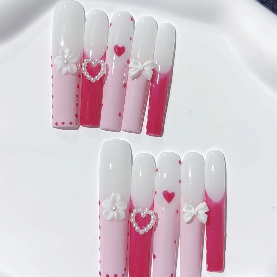 10Pcs Heart Floral Relief Carved Long Tapered Press On Nails For Dating