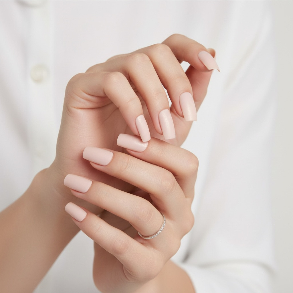 Natural Nude Beige Shimmery Matte Square Long Acrylic Press On False Nails Set