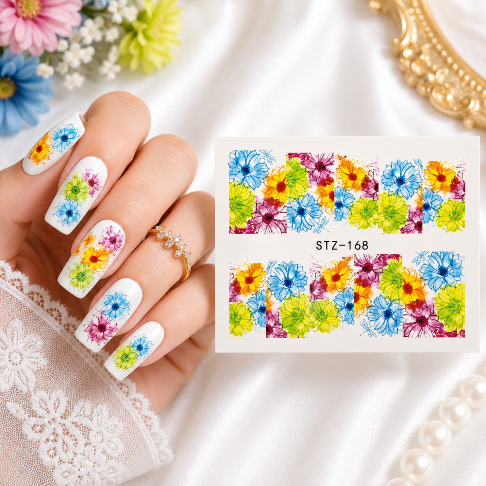 Bright Daisy Floral Nail Art Water Transfer Decals DIY Nail Flower Decoration