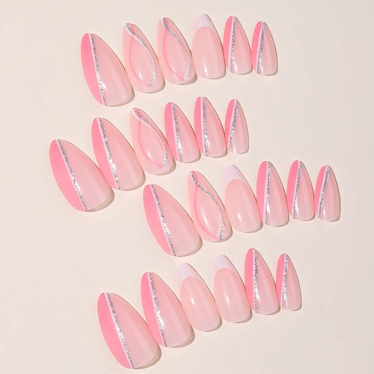 24Pcs French Tip Press on Nails Medium Almond Fake Nails White Silver Curve F…