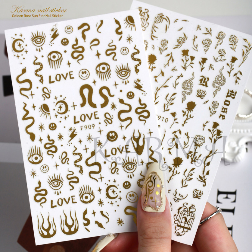 3D Gold Nail Stickers Bronzing Rose Snake Eyes Heart Moon Star Decorations NH22