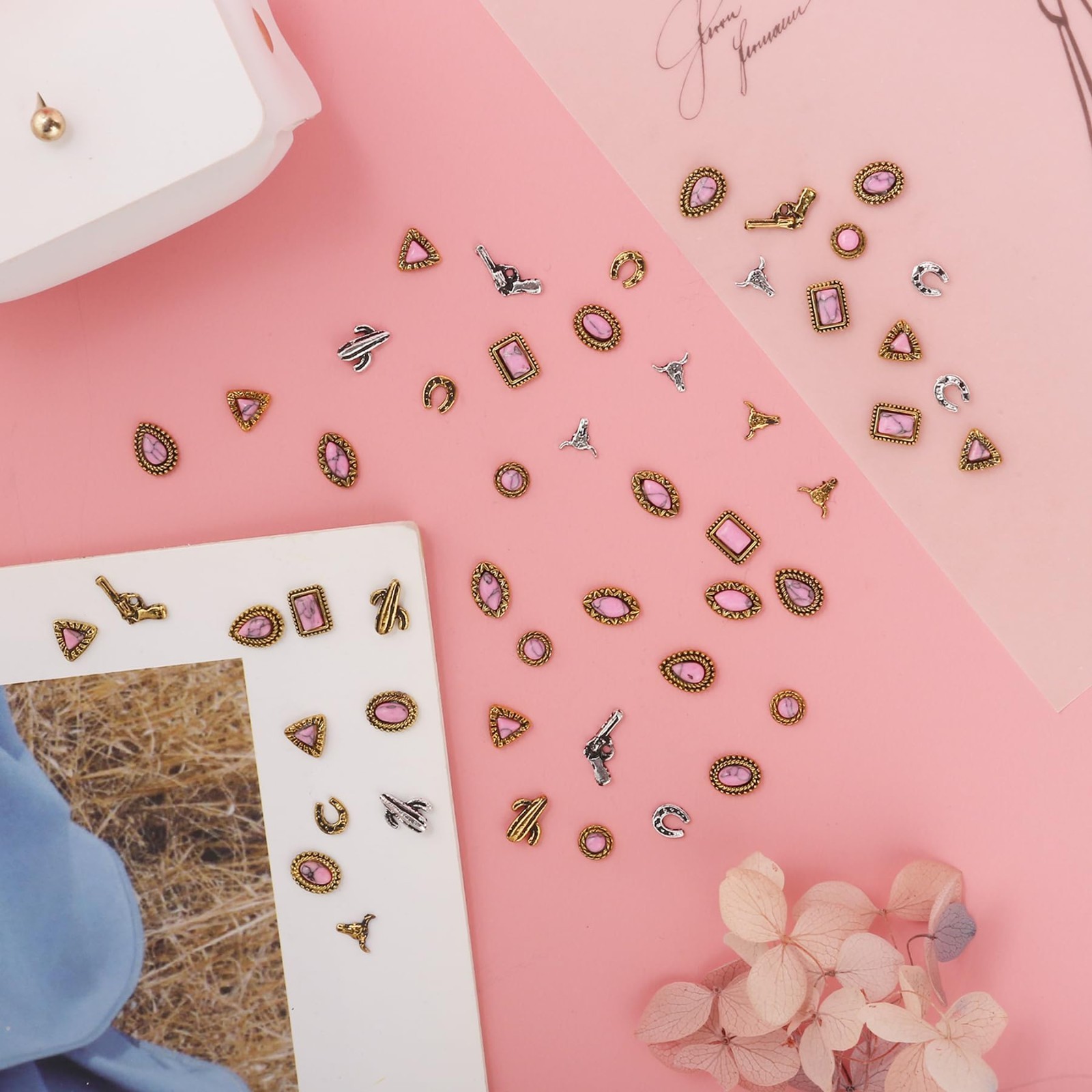 50 PCS Western Nail Charms – Pink Turquoise 3D Gems, Retro Cowgirl Jewelry Gifts