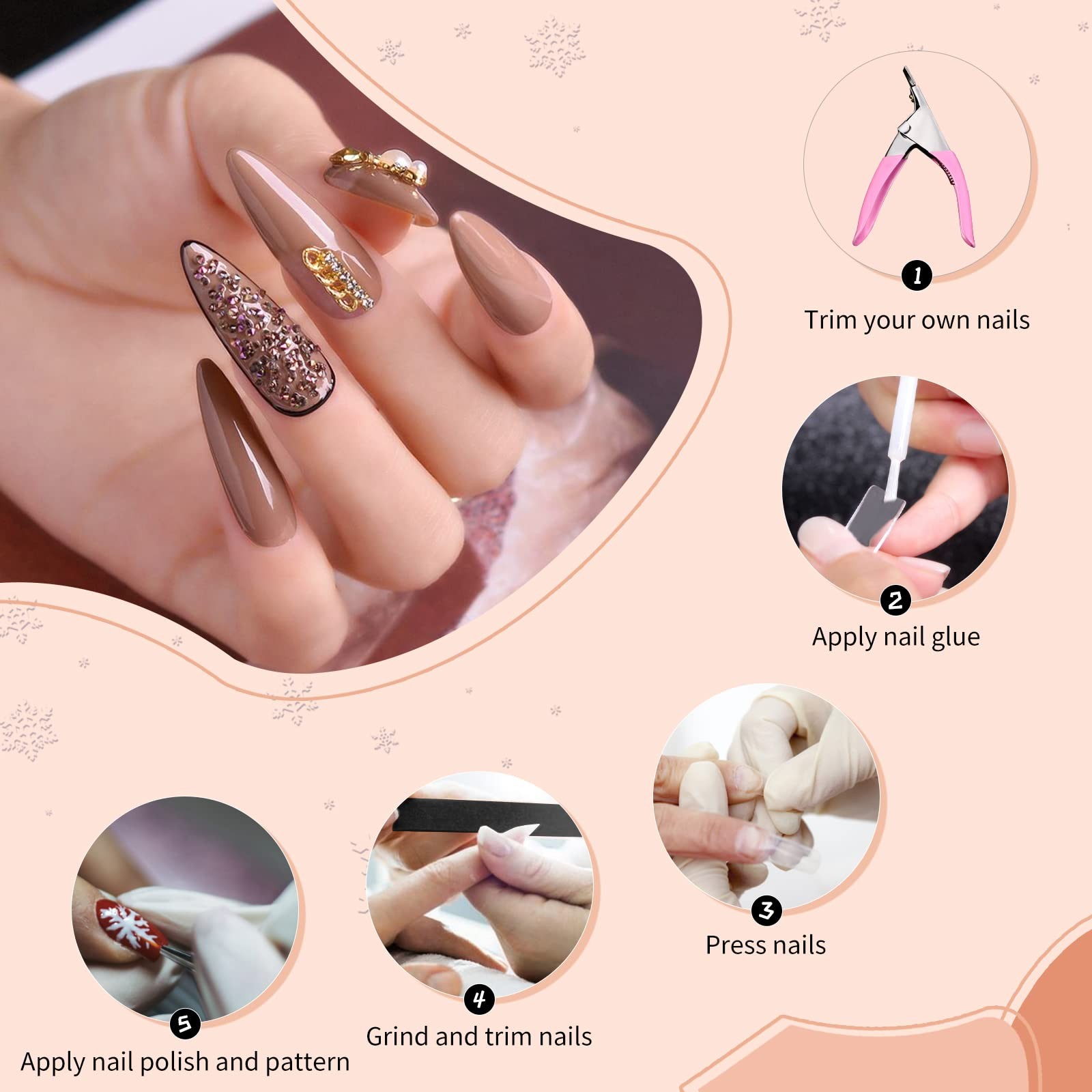 Abodhu Natural Nail Tips Coffin Shape Fake Nails French Tips Half-cover False