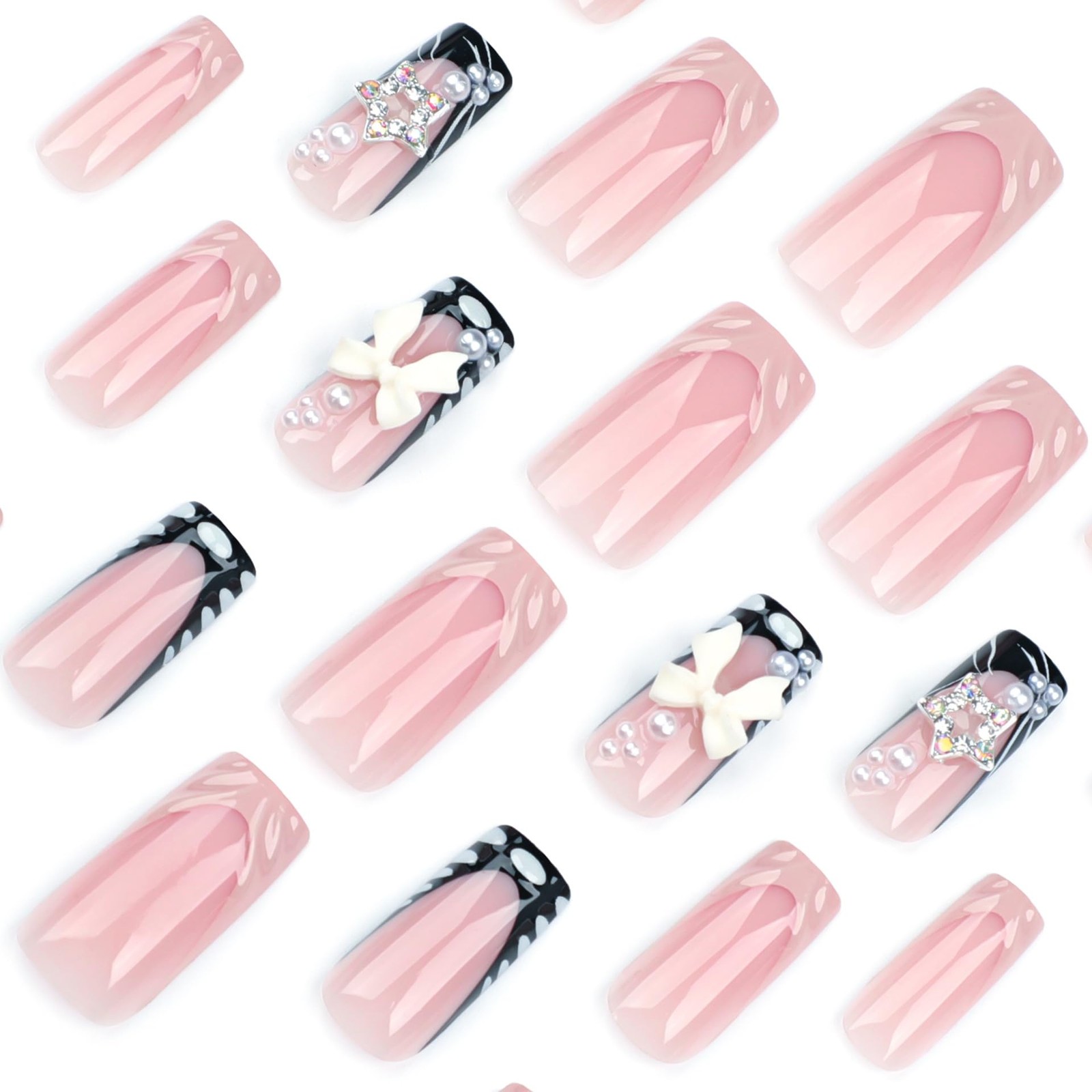 Press on Nails Medium Long Pink Fake Nails 3D Butterfly Knot Pearl Sparkling …