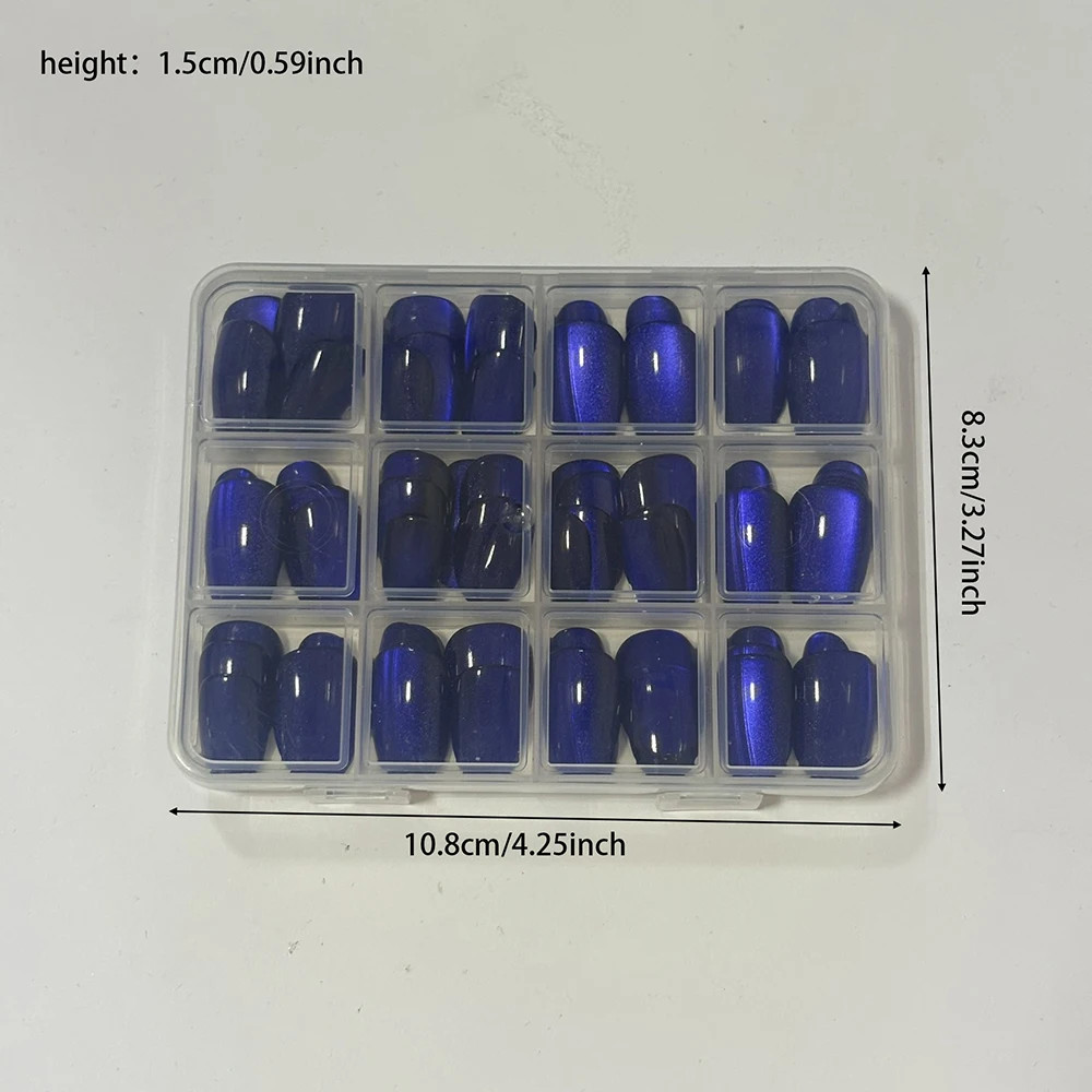 30 Pcs Sparkly Medium Oval Dark Blue Cat Eye Glossy Full Cover Artificial Press