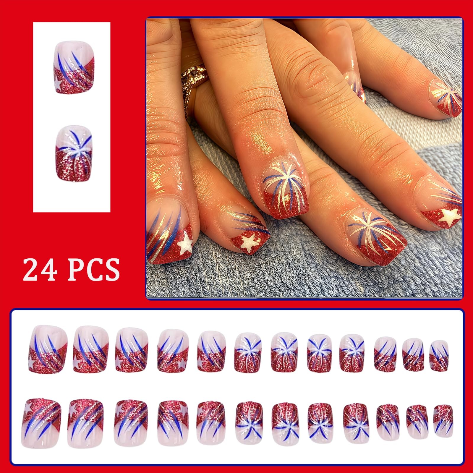 Independence Day Fireworks Press on Nails Short square Fake Nails Red Glitter…
