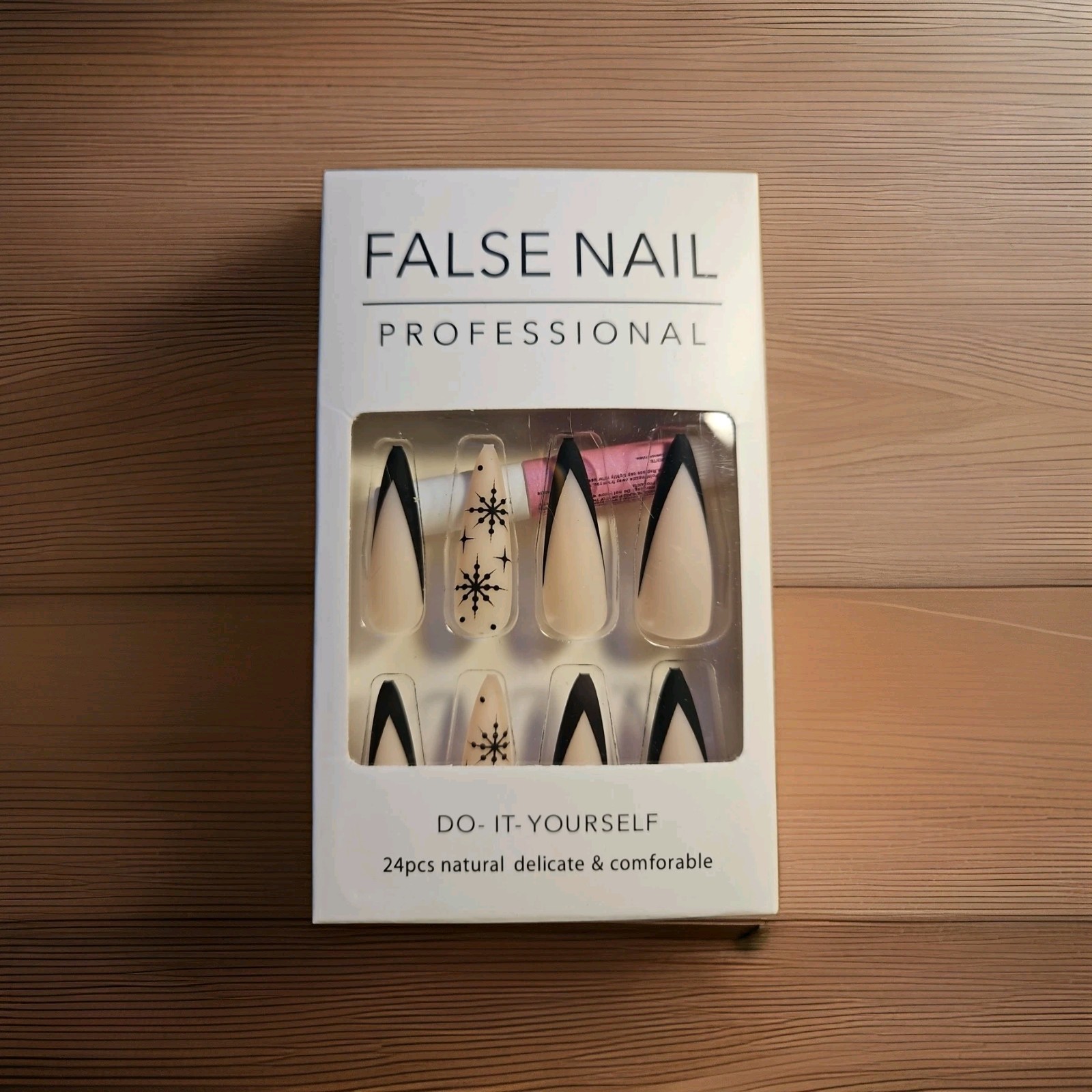 False Nail 24Pcs Black French On Natural Color Nails W/Glue
