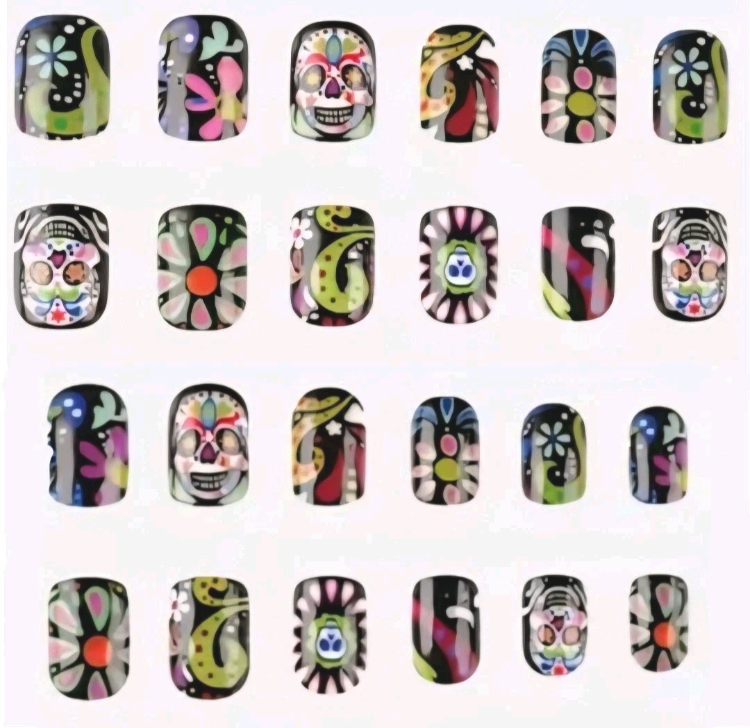 Sugar Skull Press On Nails Multicolor Black Pink Yellow Blue Nail Set Press On