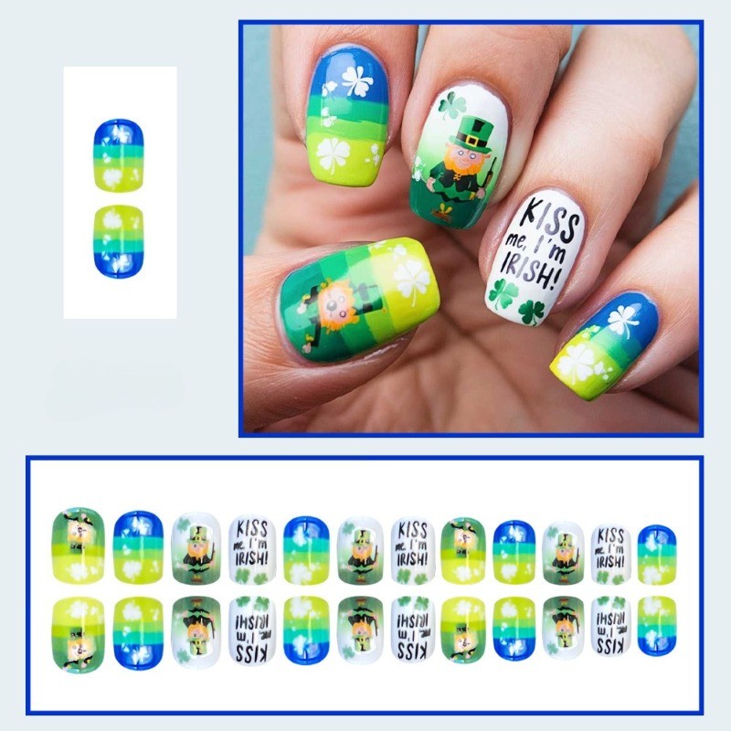 48 Pieces of Short Square Gradient Yellow Green Cartoon Clover Fake Nail Art