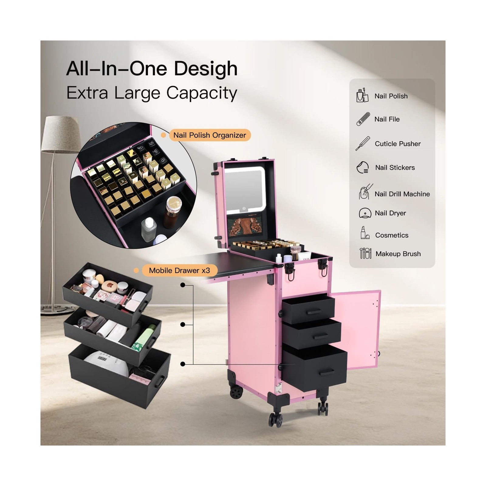 Rolling Portable Manicure Table with 3 Drawers, Lockable Makeup Train Case wi…