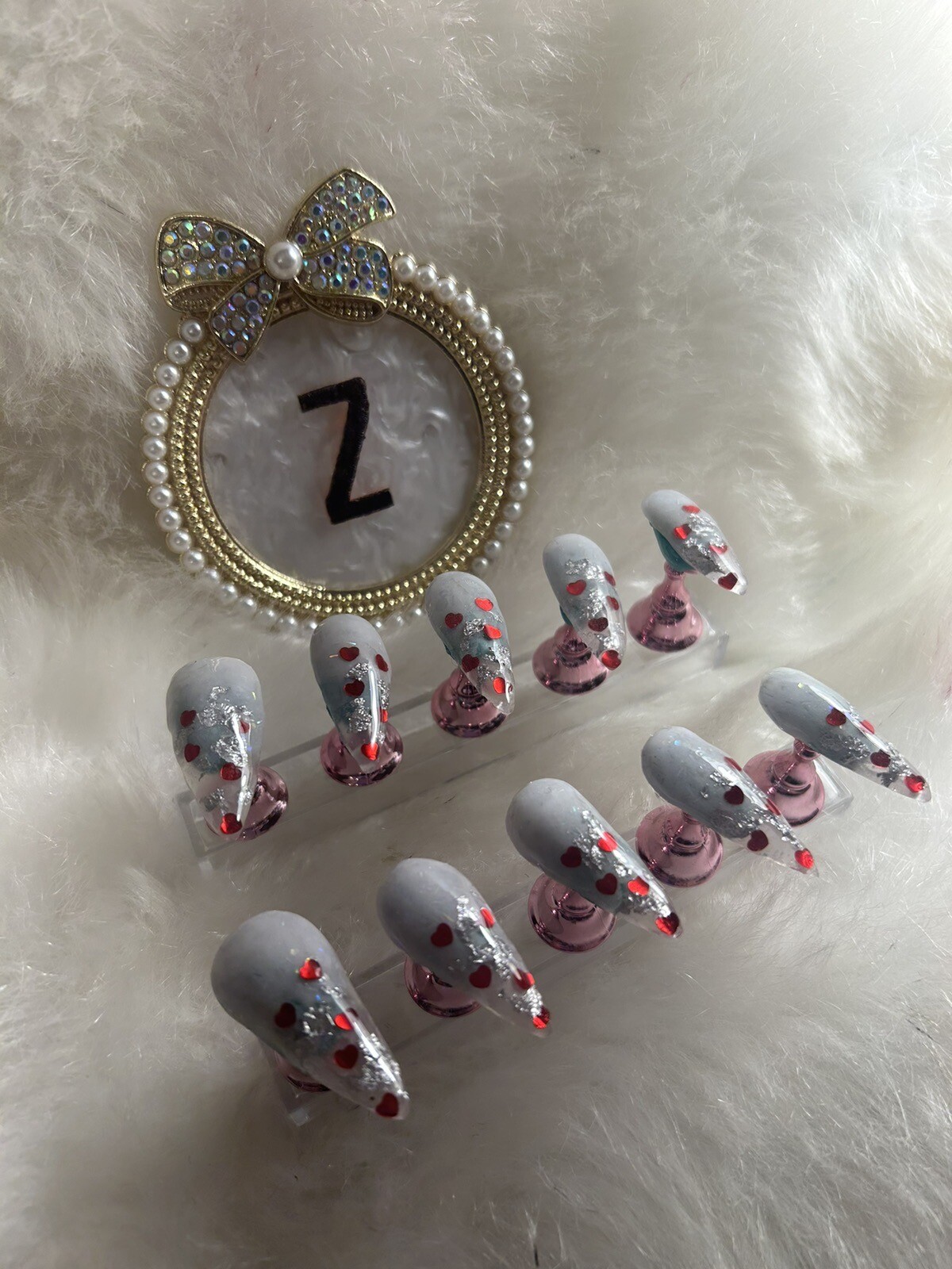 Z NAILZ! Handmade L Stiletto Set of Clear W/White Cuticle. Red Hearts Press Ons