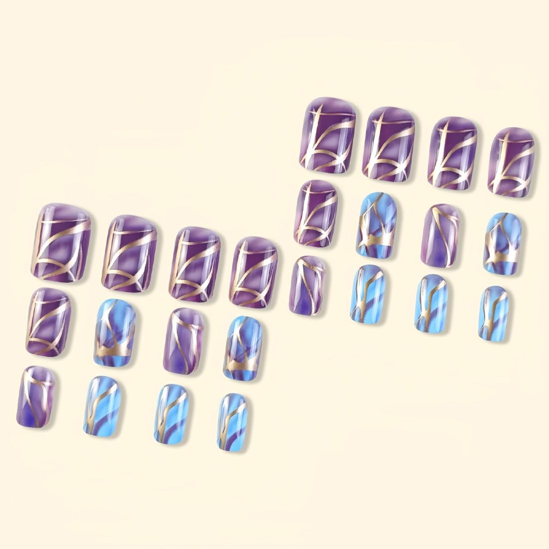 Square Marble Press on Nails Purple Short Medium fake Nail