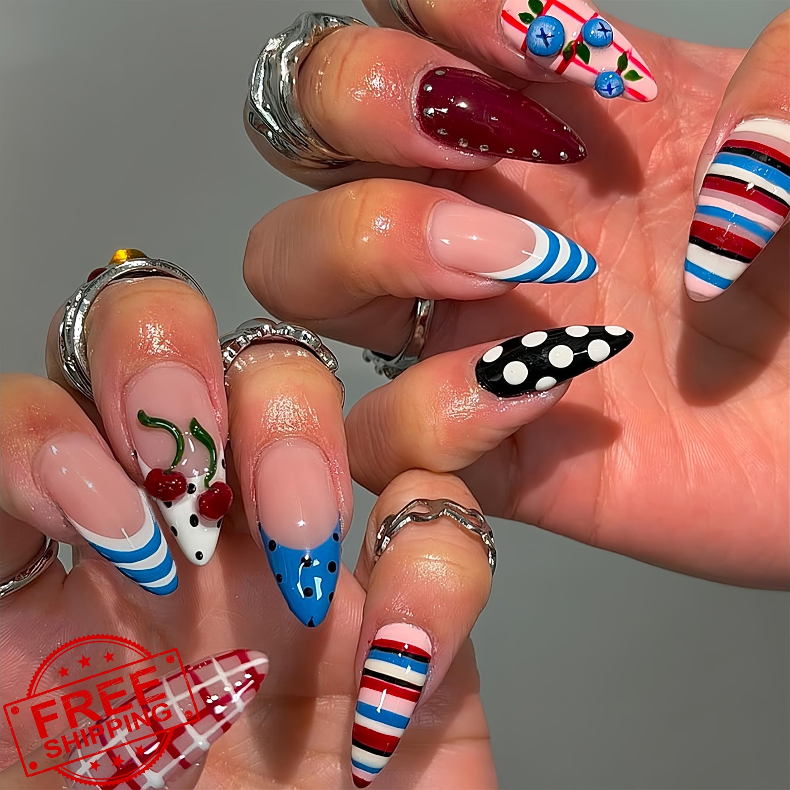 CnSybaris Press On Nails Medium Almond Blueberry Cherry