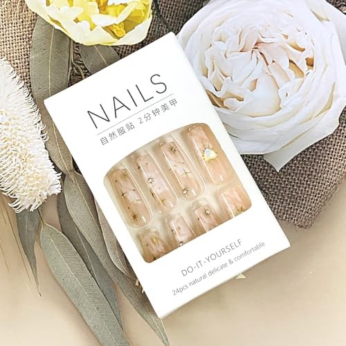 Press on Nails Coffin Long Length Acrylic Glossy Full Cover Star and Heart Gems
