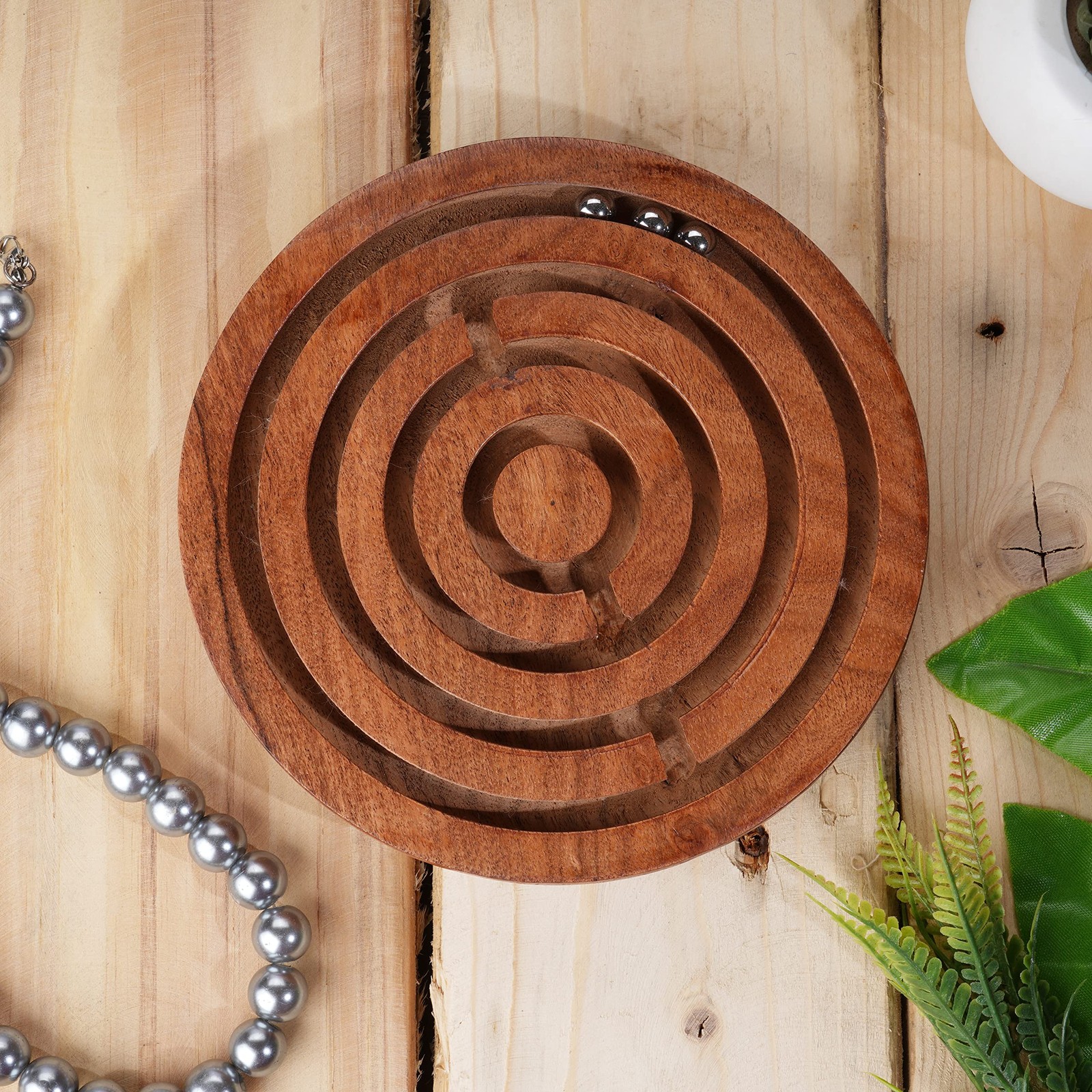 Ajuny Handcrafted Indian Wooden Round Labyrinth Ball Maze 6 Inch, Brown
