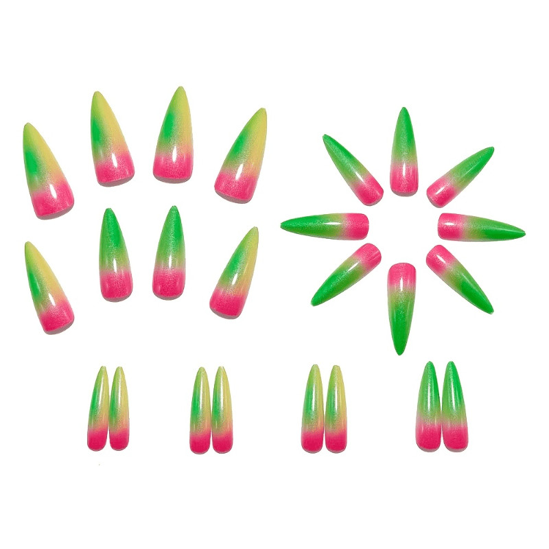 48Pcs-Long Stiletto Neon Pink Green Gradient Glitter Summer Party Press on Nails