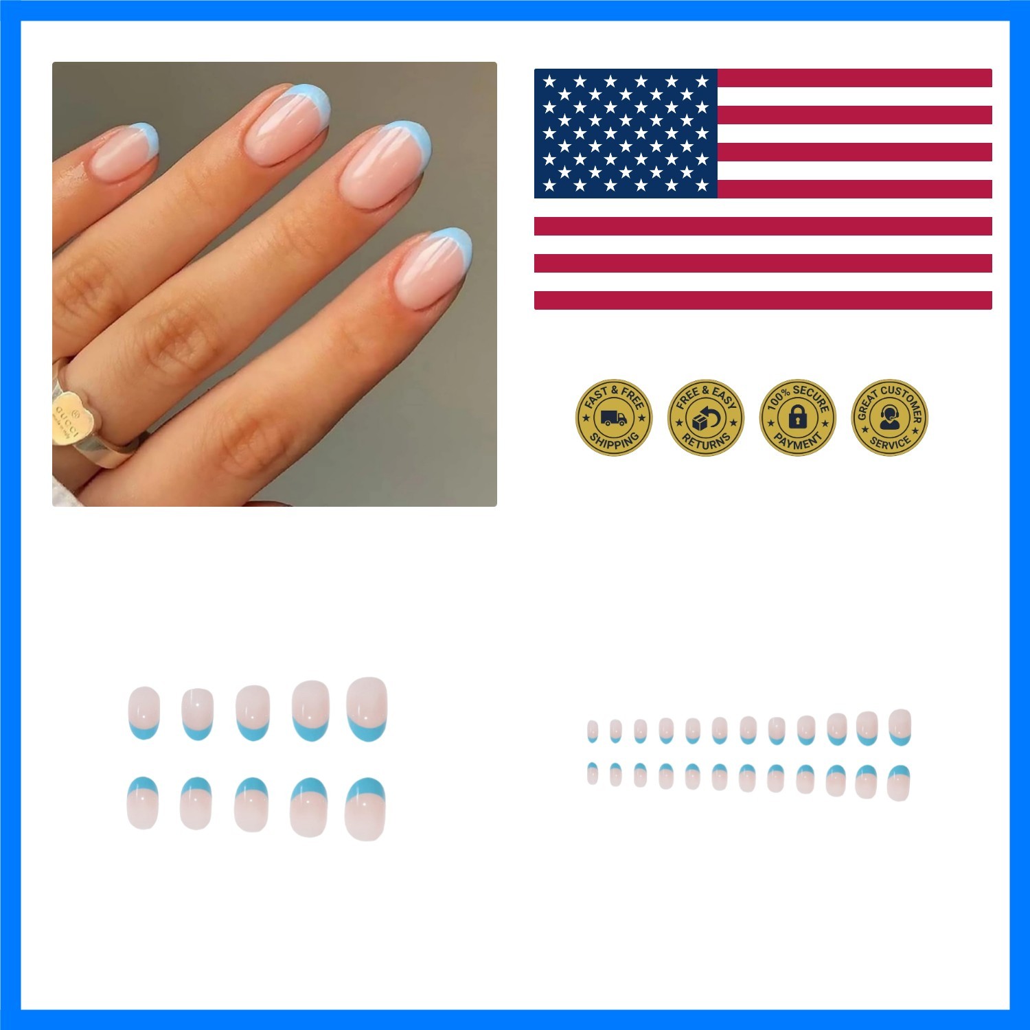 Oval Press on Nails Short – Blue French Tip Fake Nails, Summer Manicure Gloss…