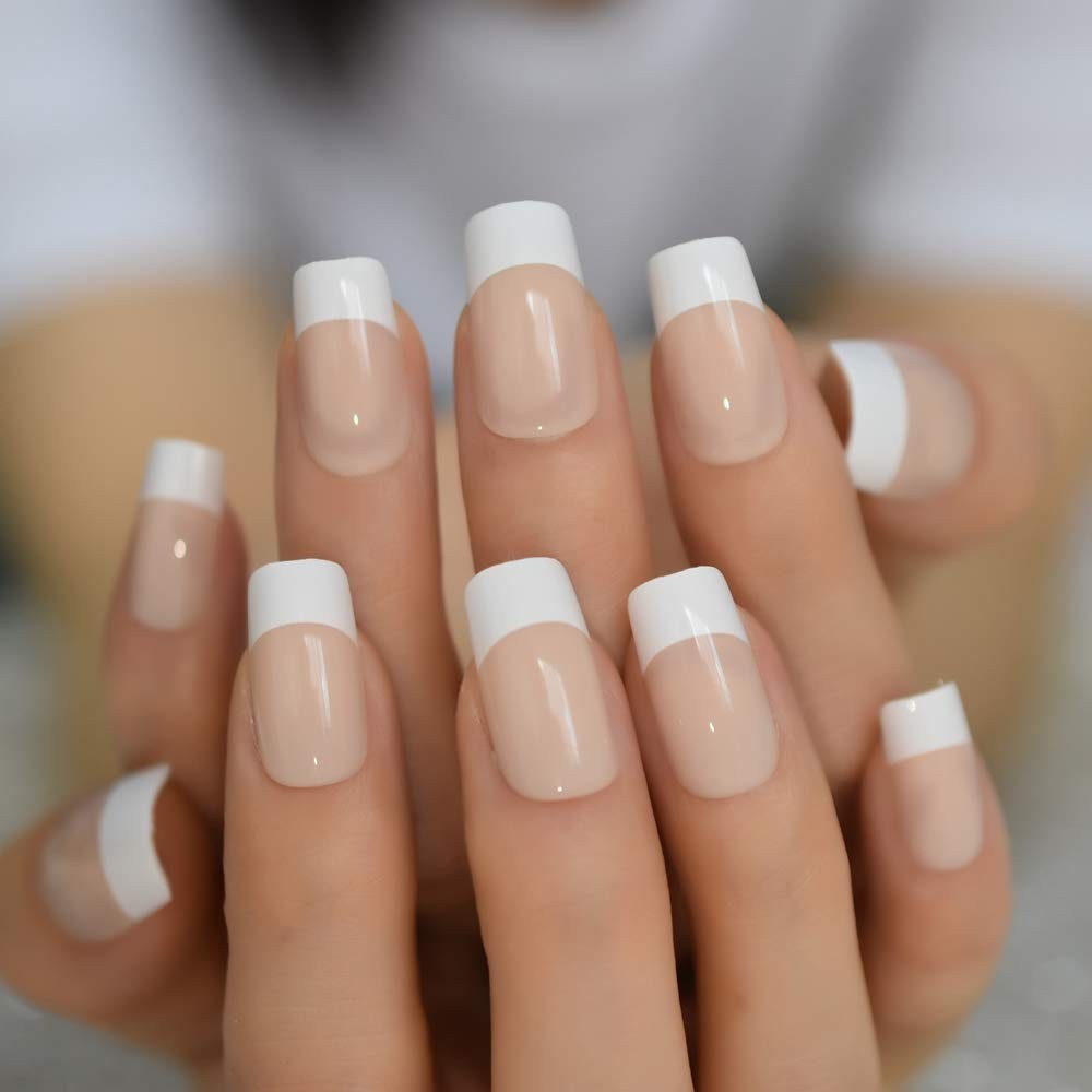 French Tip Press on Nails – Glossy Short Fake Tips Artificial Fingernails