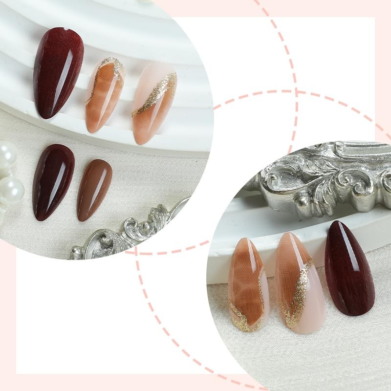 Press On Nails, 24 Pieces, French Tip with Gold Accent Design, Pink and Brown…