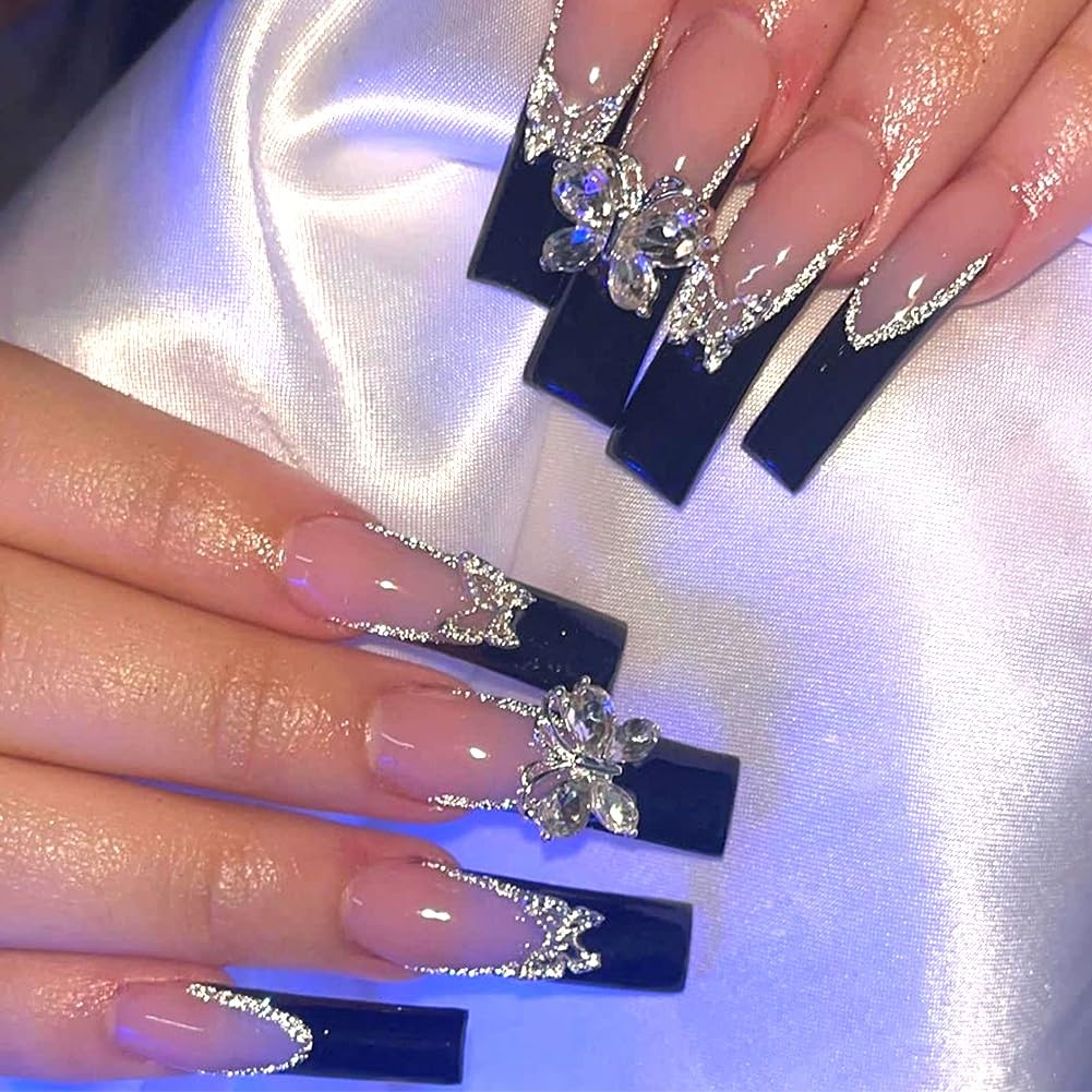 Long Press on Nails Square Black French Tip Fake False Nails with Bling Diamo…