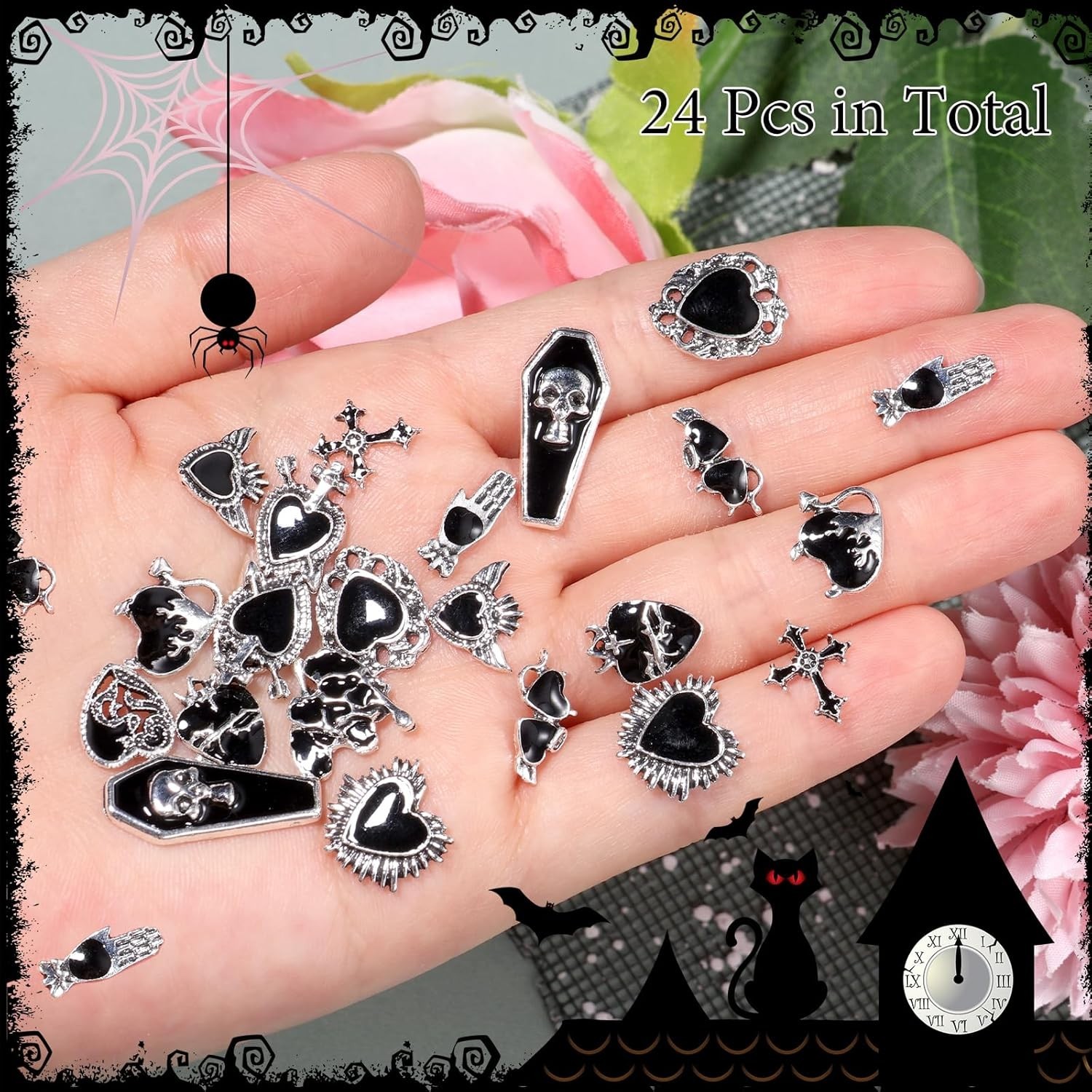 Halloween Nail Charms 24pcs Gothic Heart Cross Tombstone Gems Art Accessories