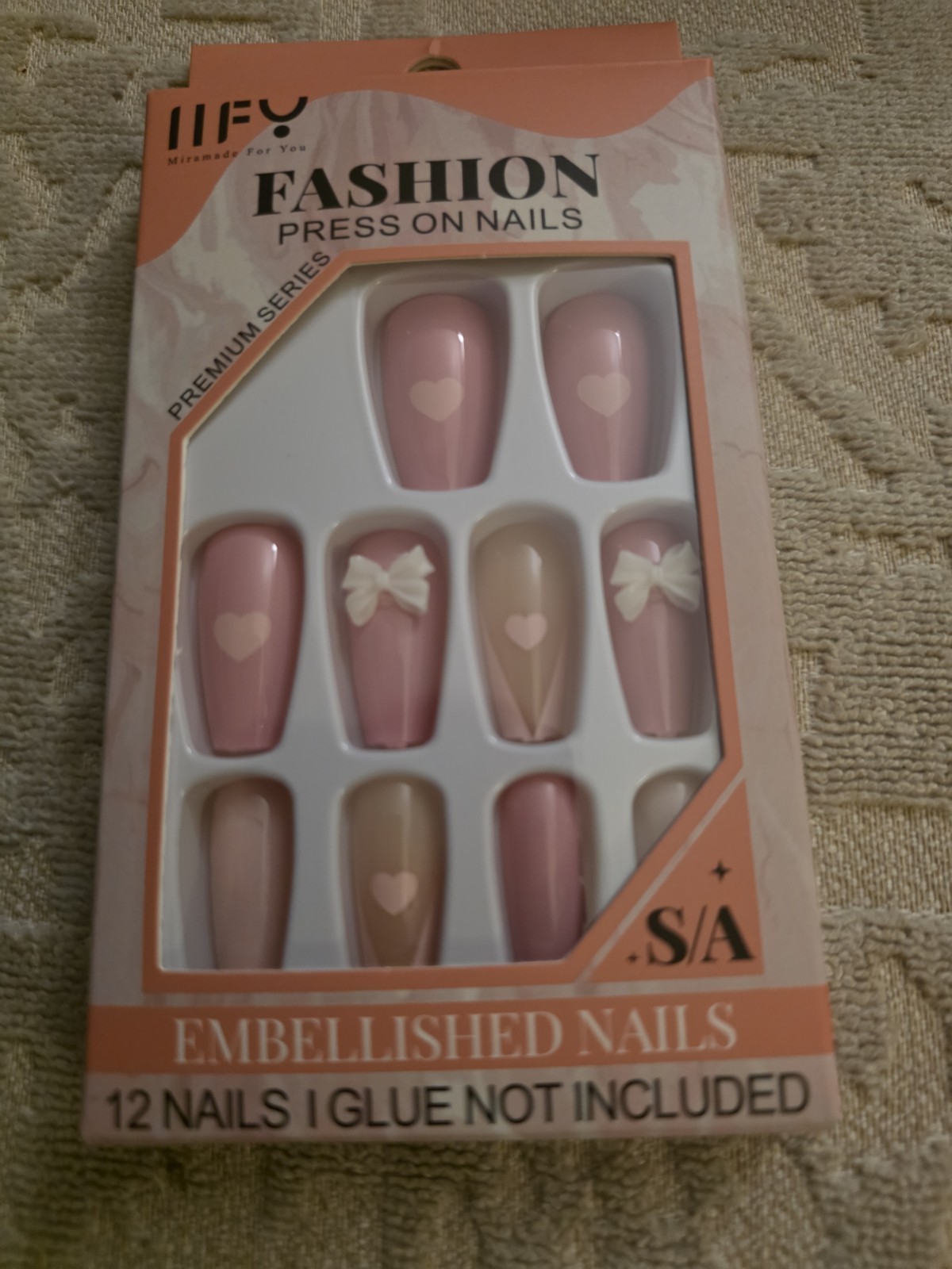 Mira Beauty Press-On Nails Long Coffin Pink Nude Heart 3D Full Cover Set